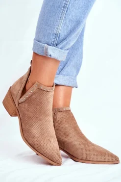 Best Boto Botki Damskie Na Słupku Zamszowe Ażurowe Beżowe Margate