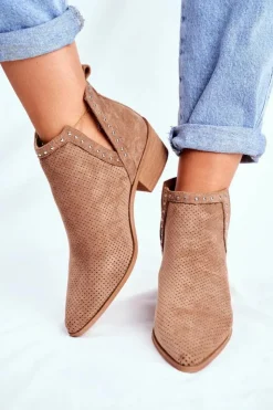 Best Boto Botki Damskie Na Słupku Zamszowe Ażurowe Beżowe Margate