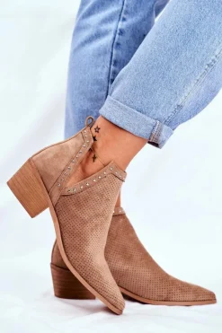 Best Boto Botki Damskie Na Słupku Zamszowe Ażurowe Beżowe Margate