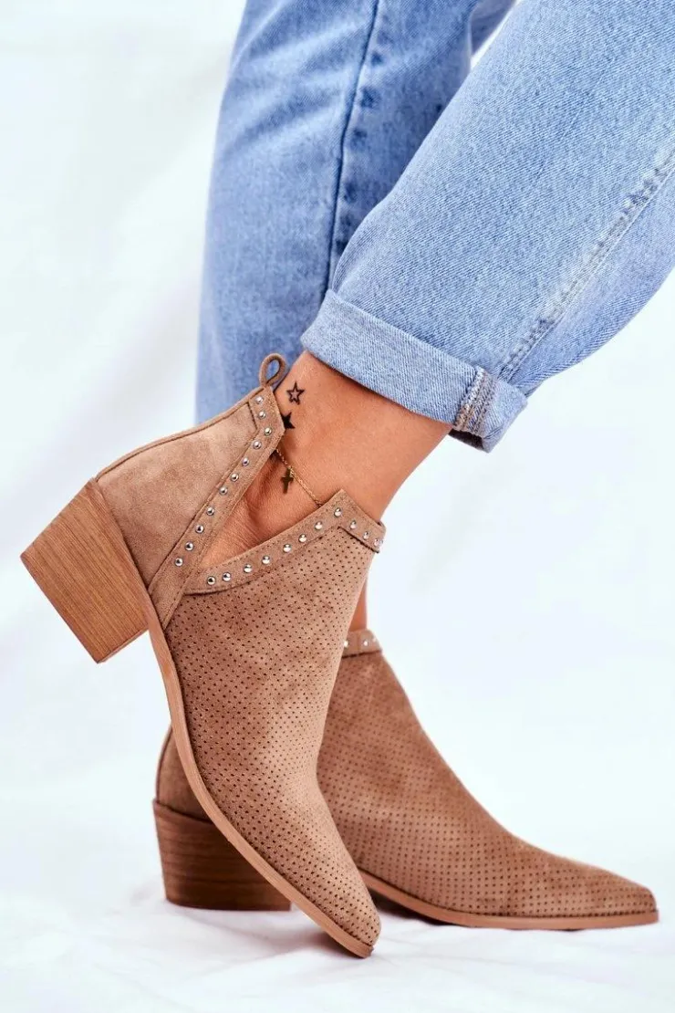 Best Boto Botki Damskie Na Słupku Zamszowe Ażurowe Beżowe Margate