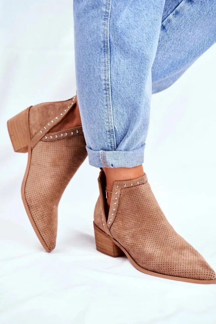 Best Boto Botki Damskie Na Słupku Zamszowe Ażurowe Beżowe Margate