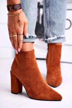 Damskie Boto Botki Damskie na Słupku Zamszowe Camel Sharks