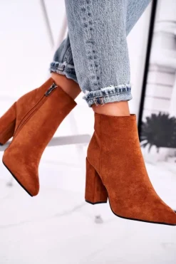 Damskie Boto Botki Damskie na Słupku Zamszowe Camel Sharks