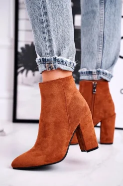 Damskie Boto Botki Damskie na Słupku Zamszowe Camel Sharks