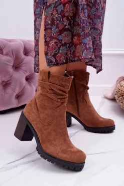 Damskie Boto Botki Damskie Na Słupku Zamsz Camel Celma