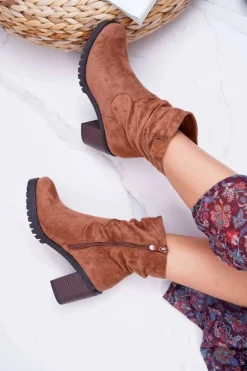 Damskie Boto Botki Damskie Na Słupku Zamsz Camel Celma