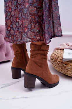 Damskie Boto Botki Damskie Na Słupku Zamsz Camel Celma