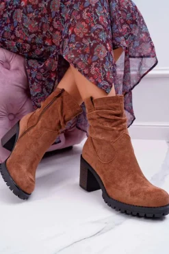 Damskie Boto Botki Damskie Na Słupku Zamsz Camel Celma