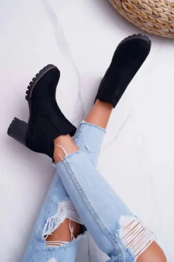 Damskie Boto Botki Damskie na Słupku Zamszowe Czarne Shanto