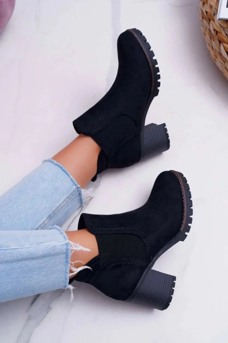 Damskie Boto Botki Damskie na Słupku Zamszowe Czarne Shanto