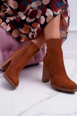 Boto Botki Na Słupku|Brązowe I Beżowe Botki*Botki Damskie na Słupku Zamszowe Camel Cadillac