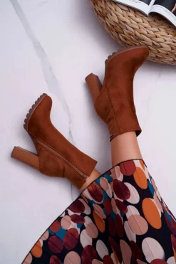 Boto Botki Na Słupku|Brązowe I Beżowe Botki*Botki Damskie na Słupku Zamszowe Camel Cadillac