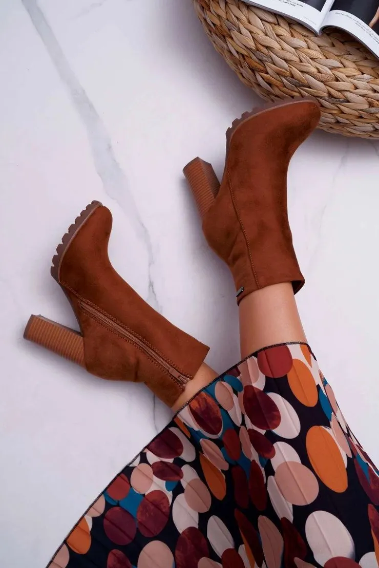 Boto Botki Na Słupku|Brązowe I Beżowe Botki*Botki Damskie na Słupku Zamszowe Camel Cadillac