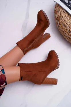 Boto Botki Na Słupku|Brązowe I Beżowe Botki*Botki Damskie na Słupku Zamszowe Camel Cadillac