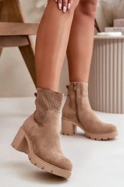 Damskie Boto Botki Damskie Na Słupku Zapinane Na Zamek Eko Zamszowe Beżowe Rashmi