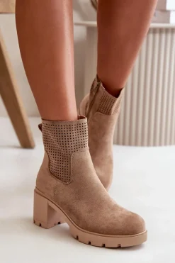 Damskie Boto Botki Damskie Na Słupku Zapinane Na Zamek Eko Zamszowe Beżowe Rashmi