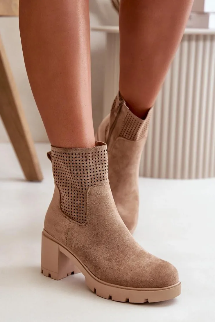 Damskie Boto Botki Damskie Na Słupku Zapinane Na Zamek Eko Zamszowe Beżowe Rashmi