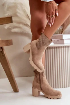Damskie Boto Botki Damskie Na Słupku Zapinane Na Zamek Eko Zamszowe Beżowe Rashmi