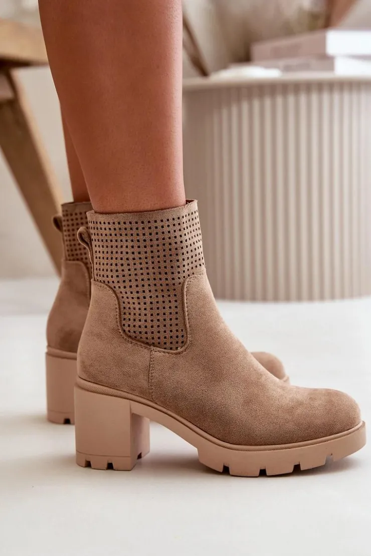 Damskie Boto Botki Damskie Na Słupku Zapinane Na Zamek Eko Zamszowe Beżowe Rashmi