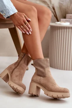 Damskie Boto Botki Damskie Na Słupku Zapinane Na Zamek Eko Zamszowe Beżowe Rashmi