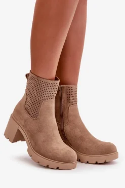 Damskie Boto Botki Damskie Na Słupku Zapinane Na Zamek Eko Zamszowe Beżowe Rashmi