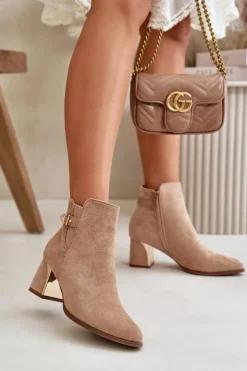 Damskie Boto Botki Damskie Na Słupku Zapinane Na Zamek Eko Zamszowe Ciemnobeżowe Bonucci