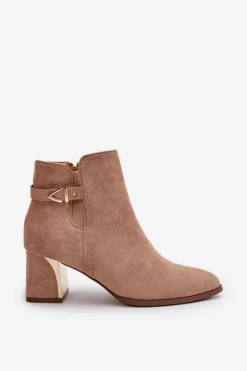 Damskie Boto Botki Damskie Na Słupku Zapinane Na Zamek Eko Zamszowe Ciemnobeżowe Bonucci