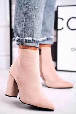 Boto Botki Damskie na Słupku Zamszowe Beżowe Sharks