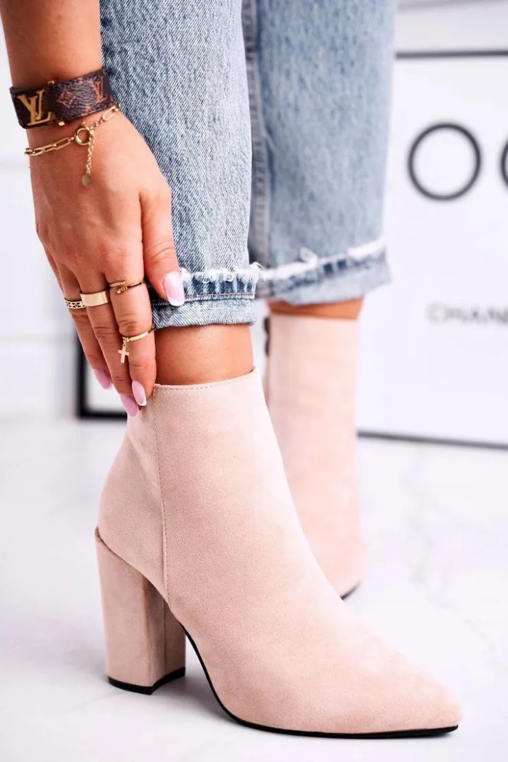 Boto Botki Damskie na Słupku Zamszowe Beżowe Sharks