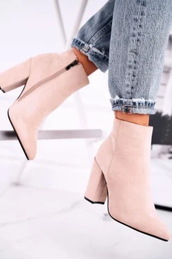 Boto Botki Damskie na Słupku Zamszowe Beżowe Sharks