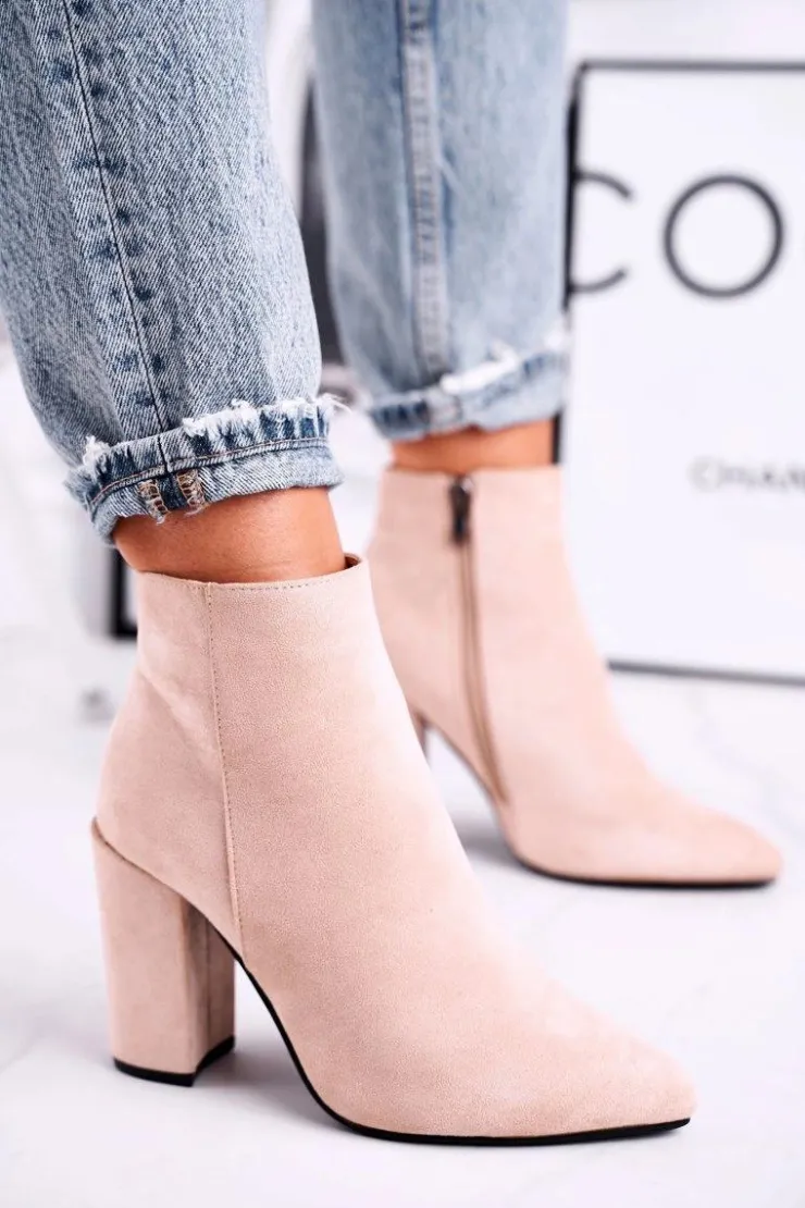 Boto Botki Damskie na Słupku Zamszowe Beżowe Sharks