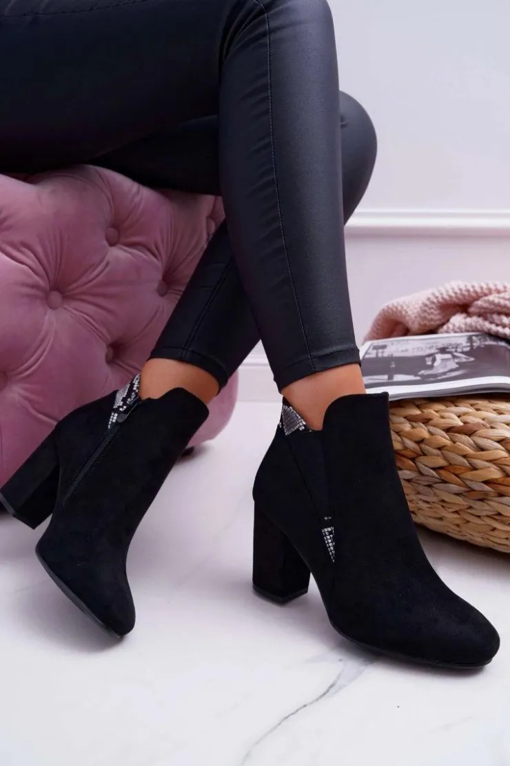 Boto Botki Na Słupku|Botki Zimowe Damskie*Botki Damskie na Słupku Zamszowe Czarne Jollow