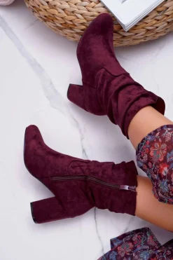 Damskie Boto Botki Damskie Na Słupku Zamsz Bordowe Endless