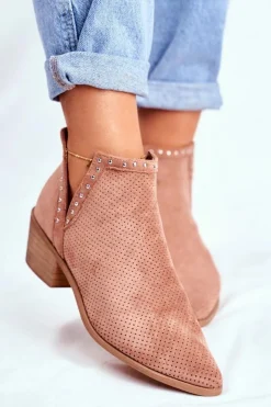 Damskie Boto Botki Damskie Na Słupku Zamszowe Ażurowe Różowe Margate