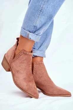 Damskie Boto Botki Damskie Na Słupku Zamszowe Ażurowe Różowe Margate