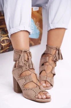 Boto Botki Wiosenne|Botki Sznurowane*Botki Damskie Na Słupku Zamszowe Odkryte Beżowe Empty