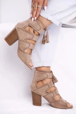 Boto Botki Wiosenne|Botki Sznurowane*Botki Damskie Na Słupku Zamszowe Odkryte Beżowe Empty