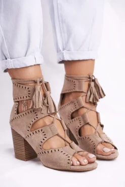 Boto Botki Wiosenne|Botki Sznurowane*Botki Damskie Na Słupku Zamszowe Odkryte Beżowe Empty