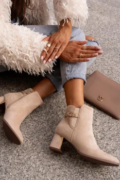 Discount Boto Botki Damskie Na Słupku Zapinane Na Zamek Eko Zamszowe Jasnobeżowe Bonucci