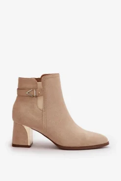 Discount Boto Botki Damskie Na Słupku Zapinane Na Zamek Eko Zamszowe Jasnobeżowe Bonucci