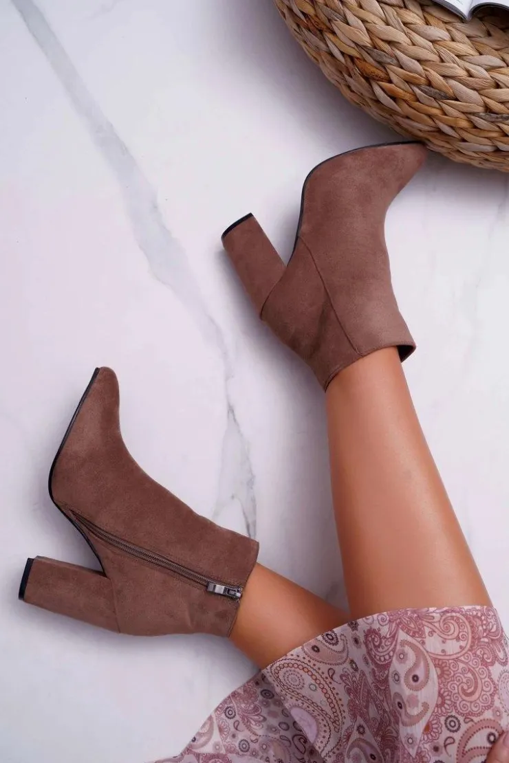 Boto Botki Na Słupku|Botki Zimowe Damskie*Botki Damskie na Słupku Zamszowe Khaki Sharks