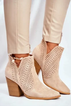 Damskie Boto Botki Damskie Na Słupku Zamszowe Ażurowe Jasno Beżowe Shades