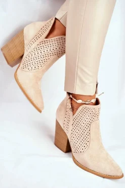 Damskie Boto Botki Damskie Na Słupku Zamszowe Ażurowe Jasno Beżowe Shades