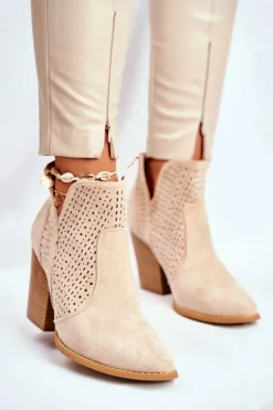 Damskie Boto Botki Damskie Na Słupku Zamszowe Ażurowe Jasno Beżowe Shades