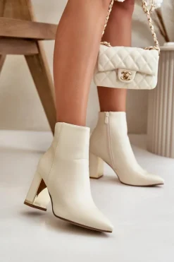 Damskie Boto Botki Damskie Na Słupku Zapinane Na Zamek Ocieplane Eko Skórzane Jasnobeżowe Mevair