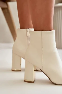 Damskie Boto Botki Damskie Na Słupku Zapinane Na Zamek Ocieplane Eko Skórzane Jasnobeżowe Mevair