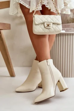 Damskie Boto Botki Damskie Na Słupku Zapinane Na Zamek Ocieplane Eko Skórzane Jasnobeżowe Mevair