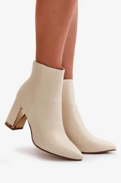 Damskie Boto Botki Damskie Na Słupku Zapinane Na Zamek Ocieplane Eko Skórzane Jasnobeżowe Mevair