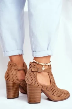 Boto Botki Wiosenne|Botki Na Słupku*Botki Damskie Na Słupku Zamszowe Ażurowe Camel Morrena