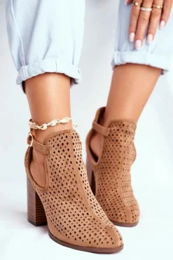 Boto Botki Wiosenne|Botki Na Słupku*Botki Damskie Na Słupku Zamszowe Ażurowe Camel Morrena